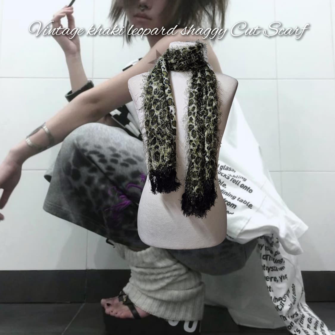 Vintage khaki leopard shaggy Cut Scarf 상품이미지1