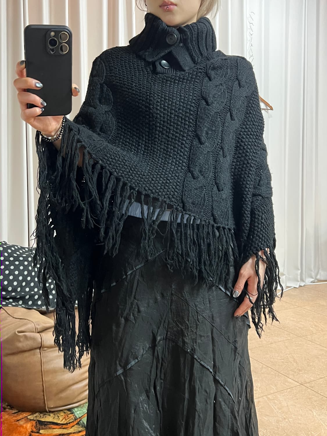 여성 케이블 하이넥 크롭 판쵸  상품이미지1