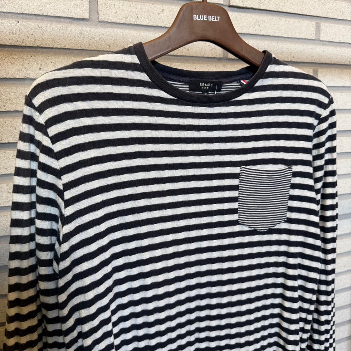BEAMS 빔즈 스트라이프 체크골지 니트 패치포켓 믹스패턴 디테일 상품이미지4