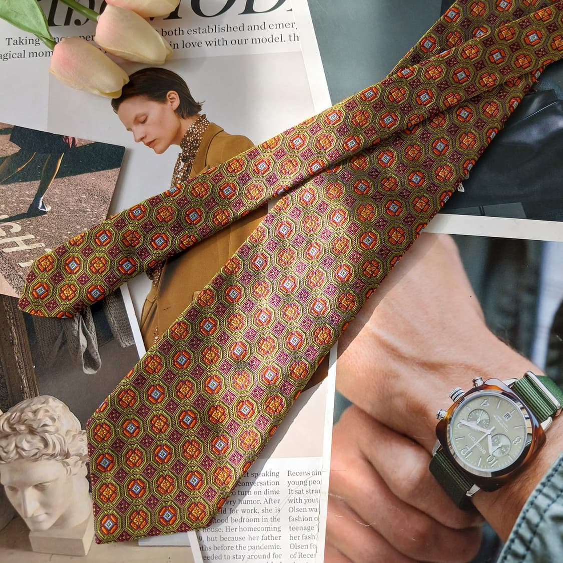 알테아 넥타이 그린 자카드 패턴 9.3cm A+등급 A19866 상품이미지3