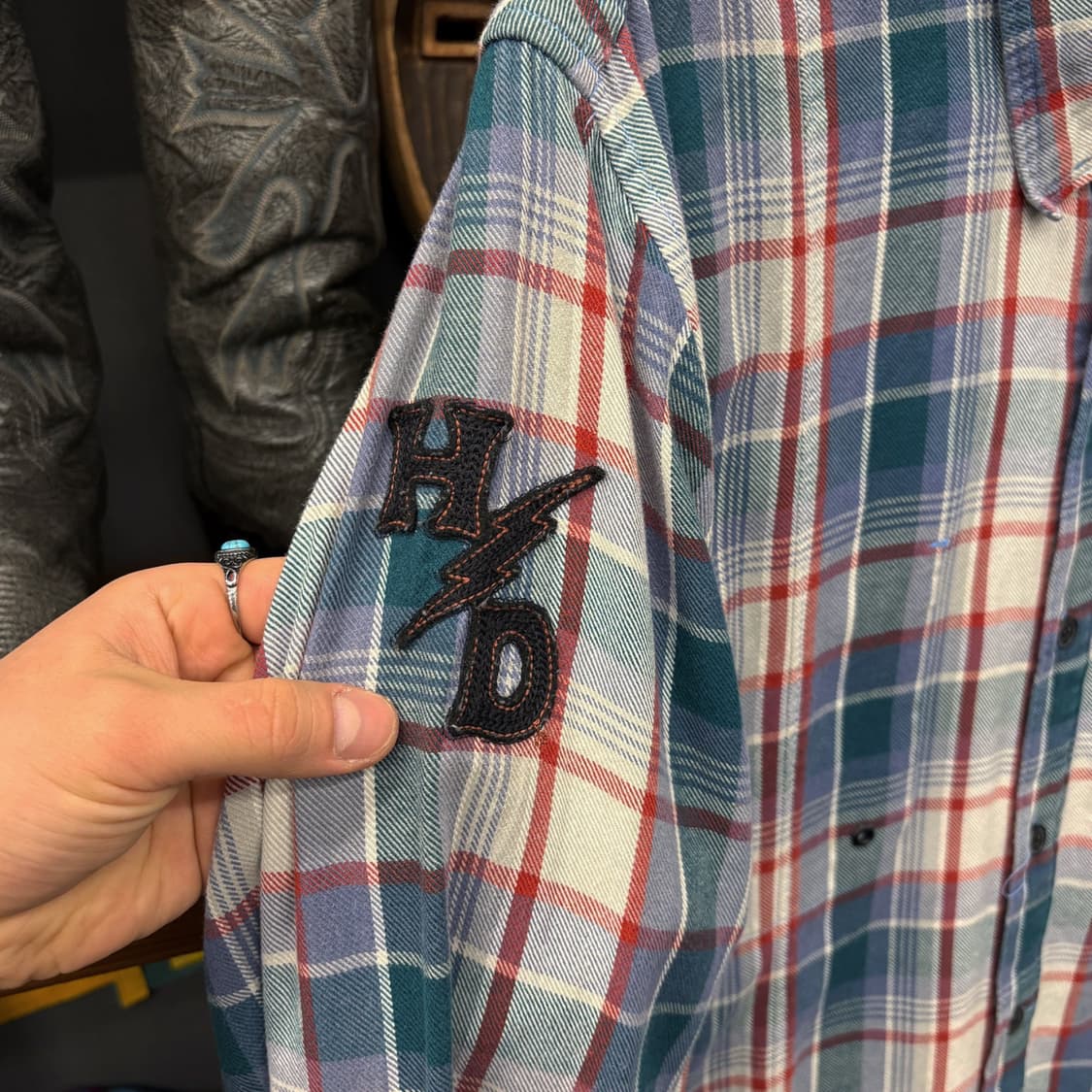 00s 할리데이비슨 아메리칸 슬리브패치 트윌코튼 체크 바이커셔츠 N197 상품이미지5