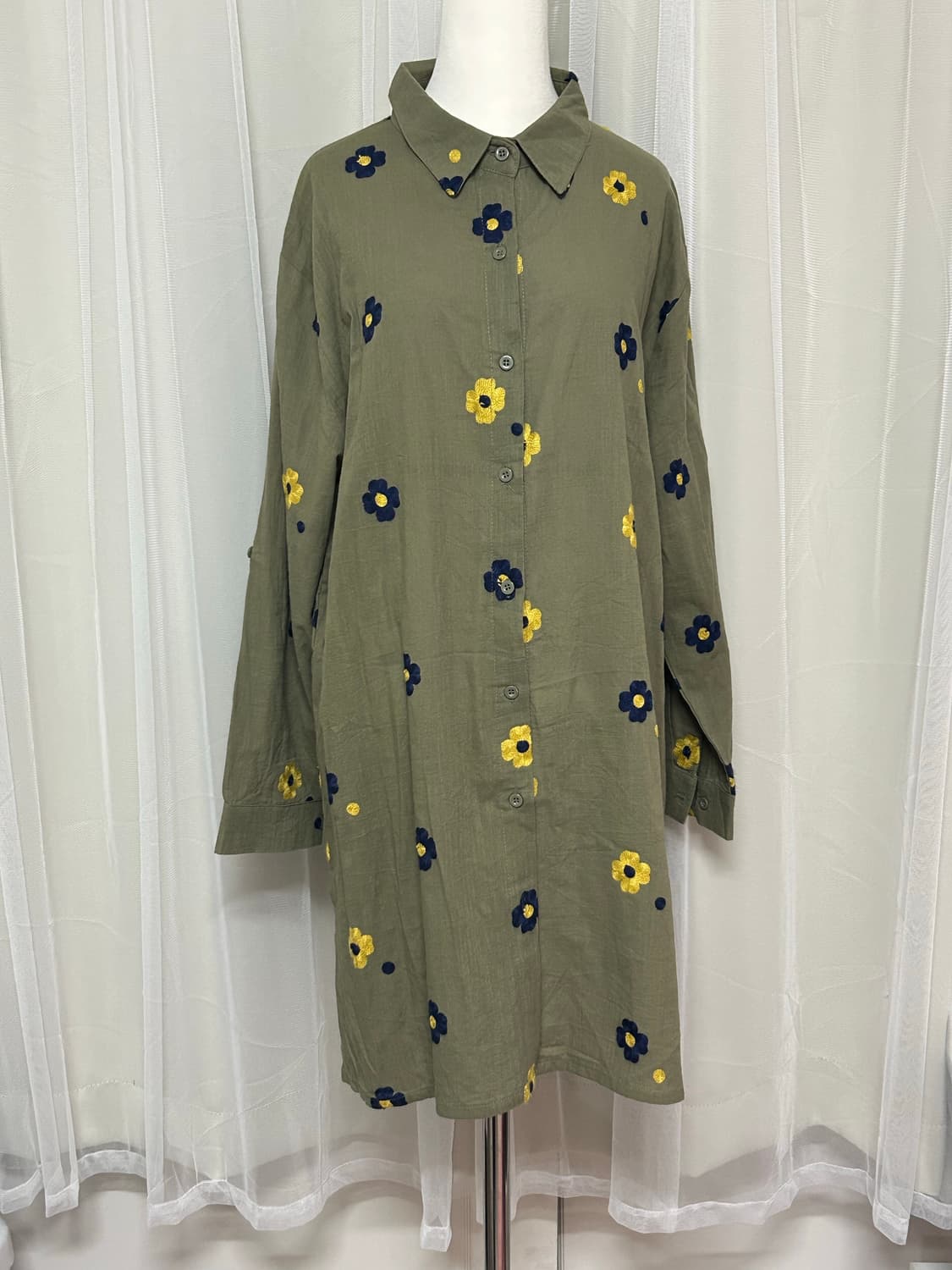 카키 꽃자수패턴 레이어드 셔츠 모리걸 너드 니혼진 상품이미지2