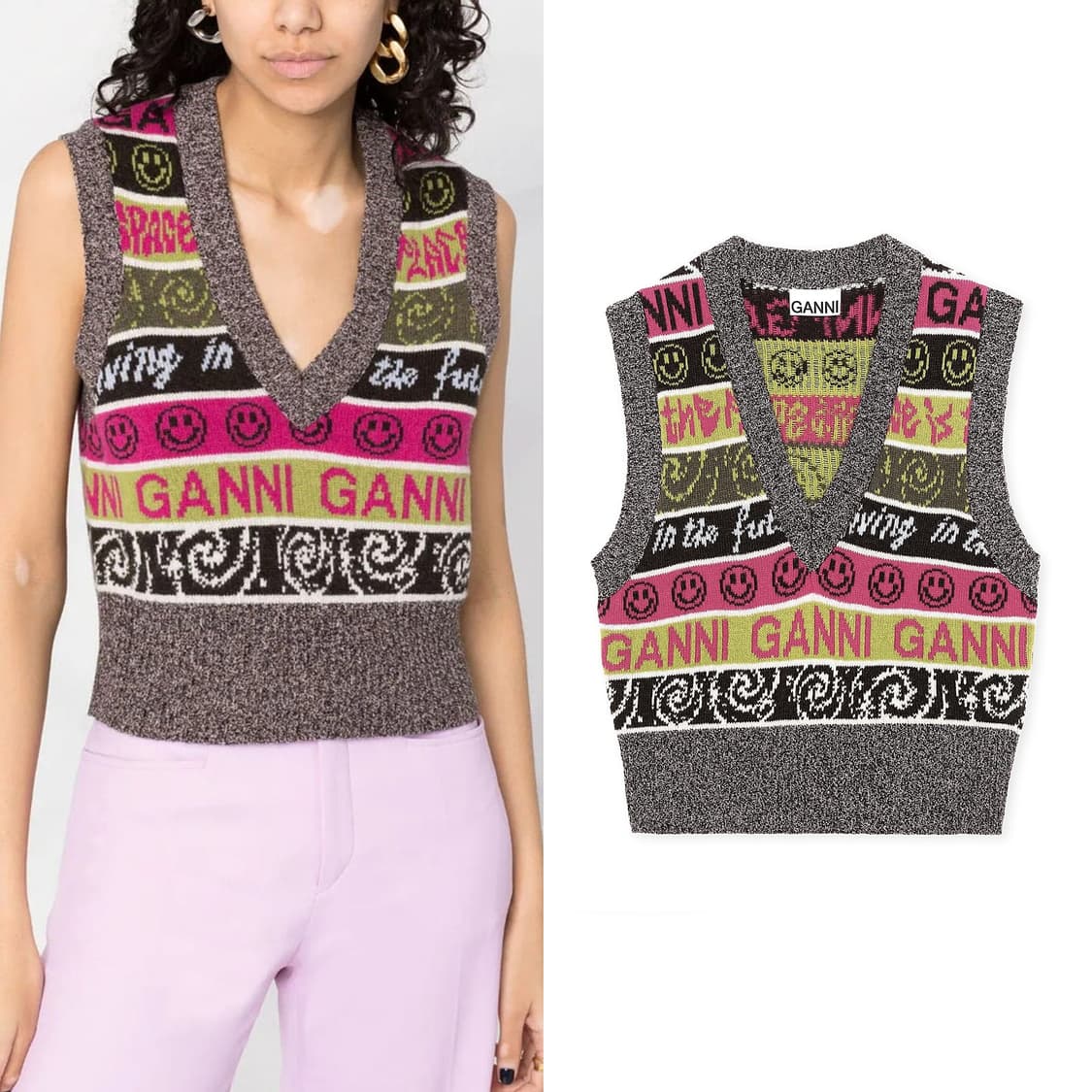 가니 로고 자카드 울 브이넥 베스트 상품이미지2