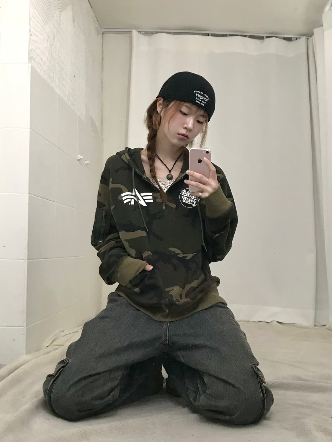 알파 인더스트리 카모 반집업 펑크 프린팅 후드티 상품이미지2