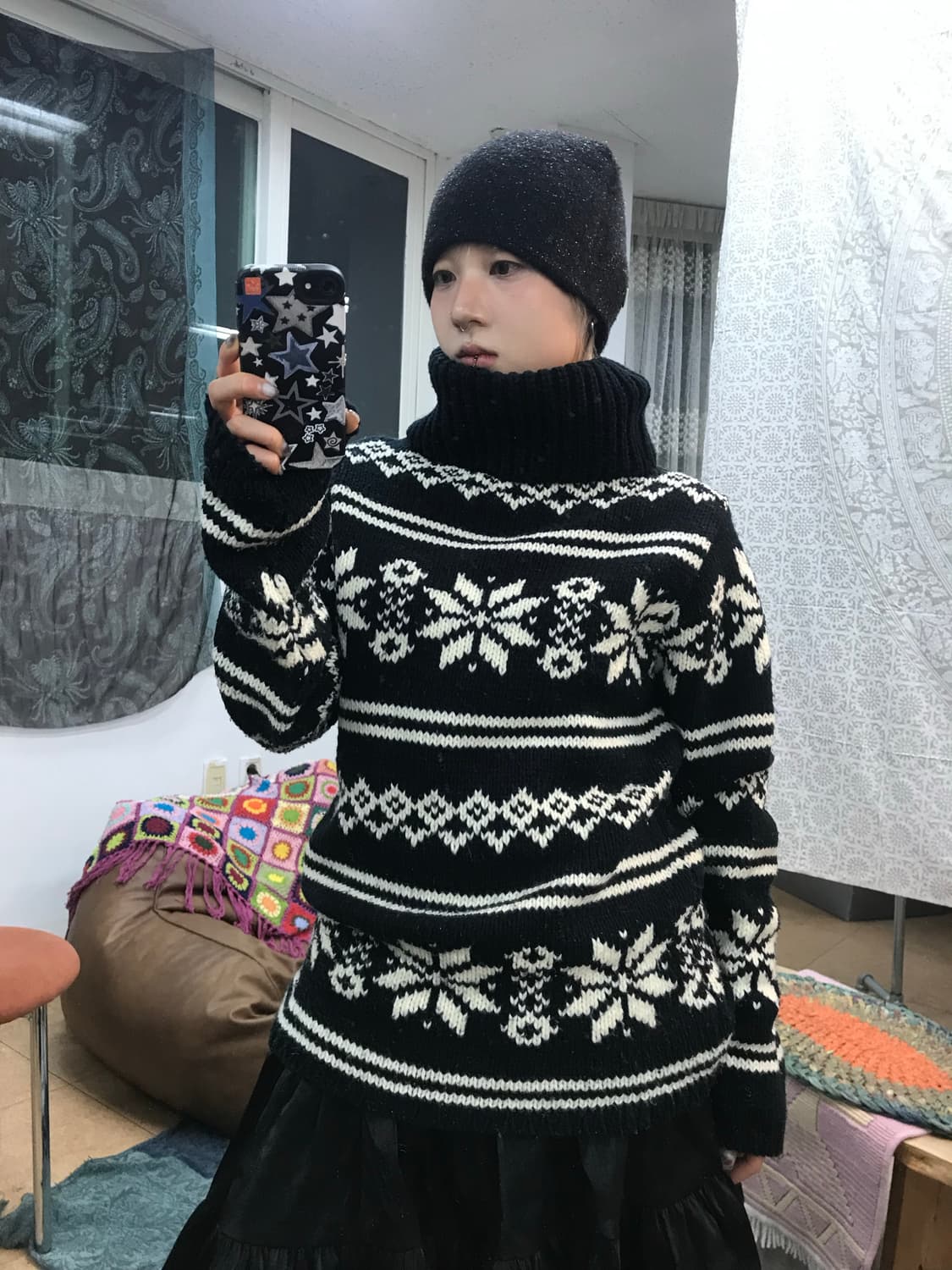 빈티지 여성 에스닉 목폴라 네이비 니트  상품이미지1