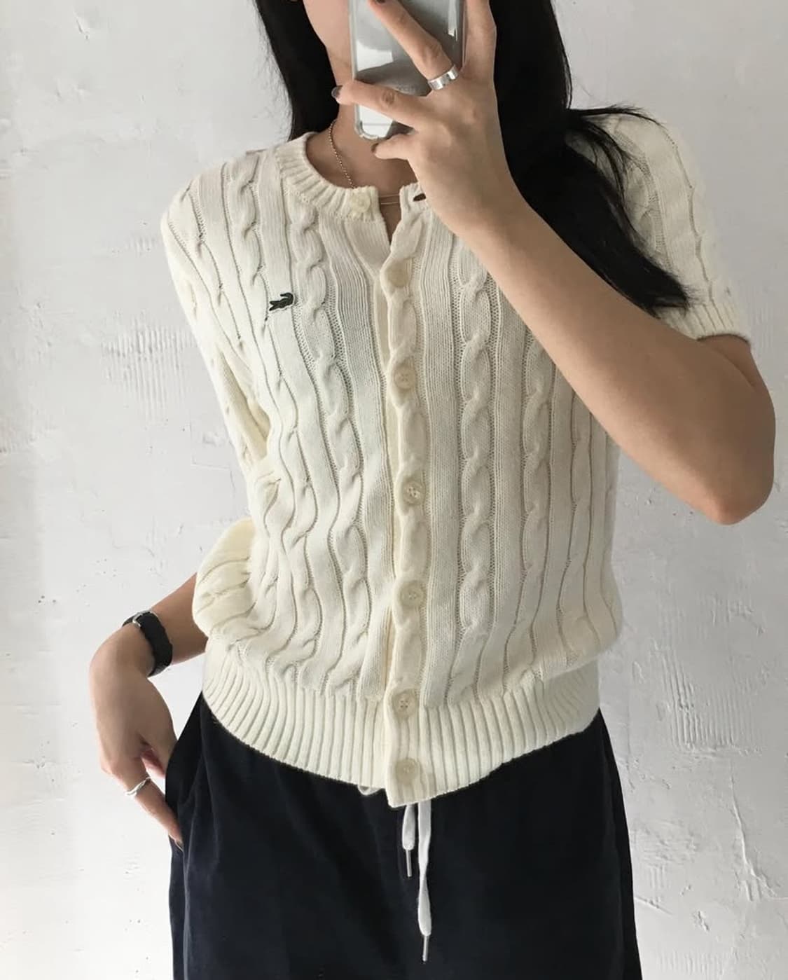 Lacoste 라코스테 코튼 아이보리컬러 케이블 반팔 가디건 상품이미지2