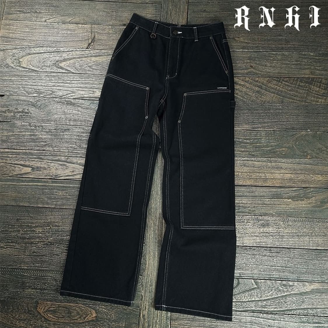 [러닝하이] 스트치 더블니 카펜터 와이드 팬츠 블랙 M19173 상품이미지1