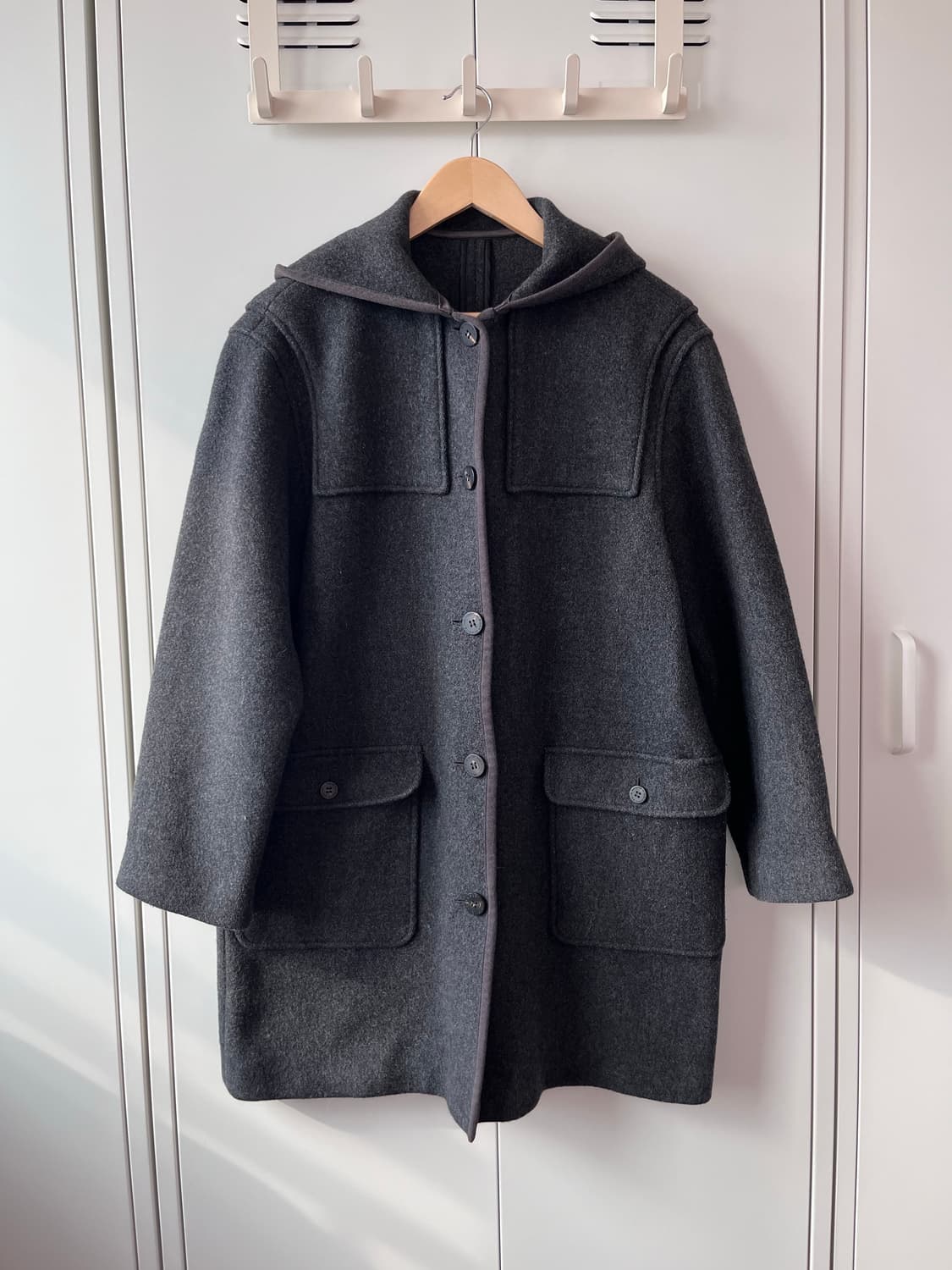 Mademoiselle non non 그레이 후드 울 버튼 롱코트 상품이미지1
