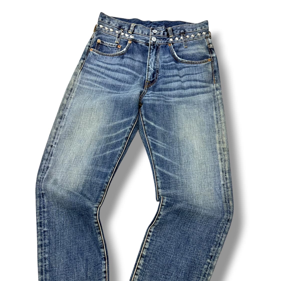 JPN 더블 웨이스트 스터드 테이퍼드핏 데님 롱팬츠 상품이미지3