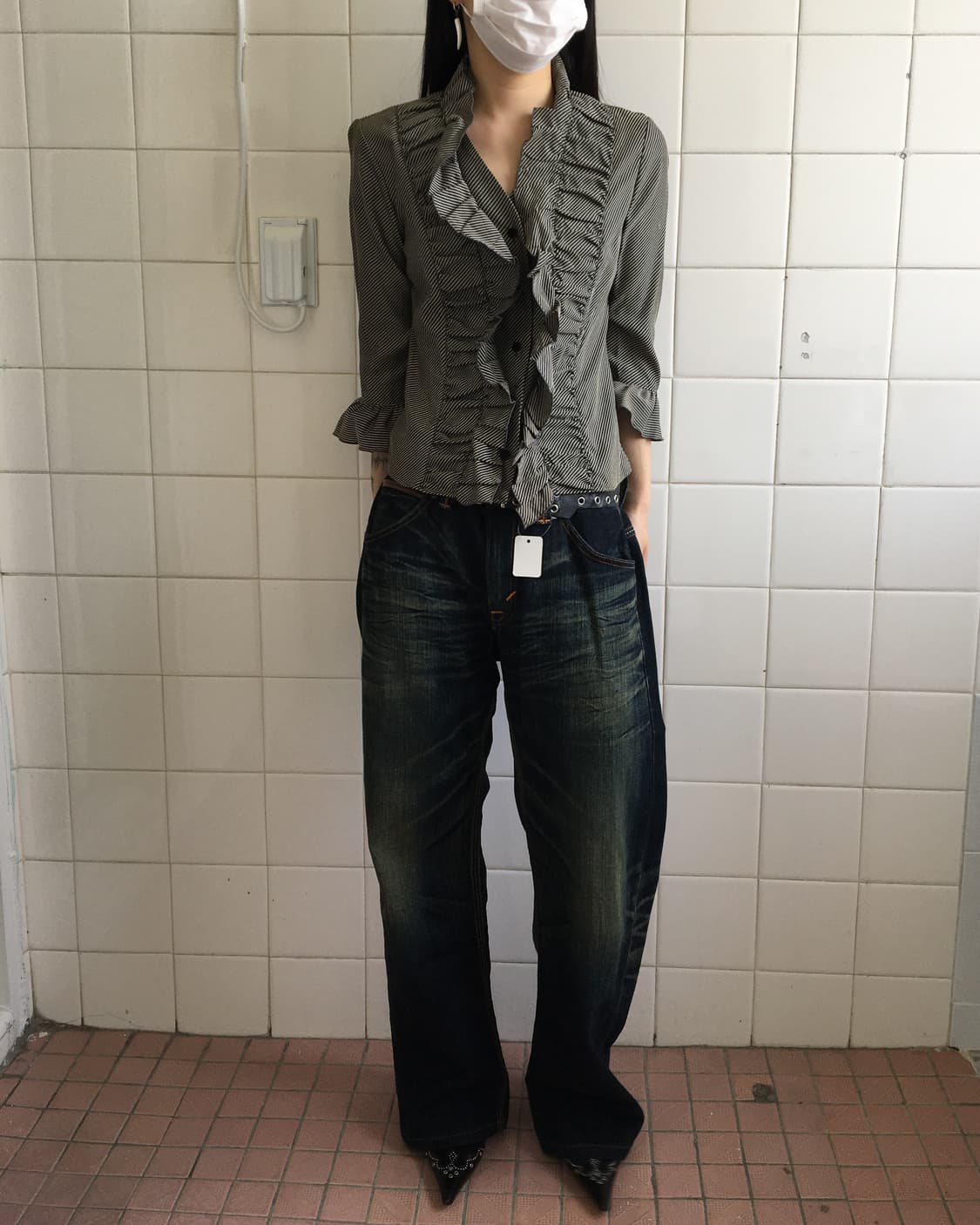 Shirring point stripe pattern blouse 상품이미지1