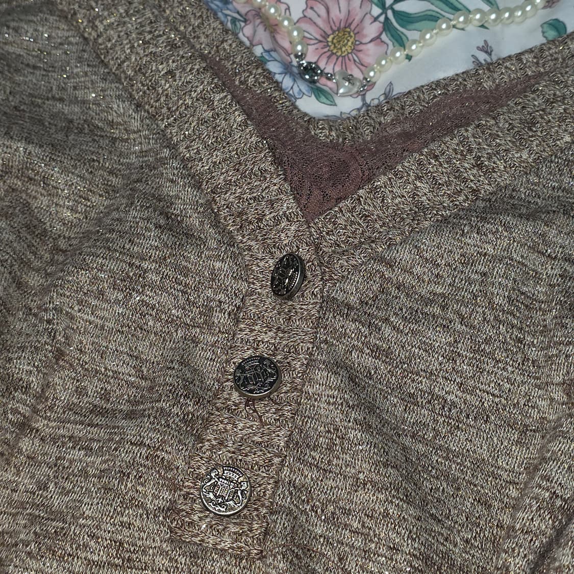 일본빈티지)브라운 모리걸 레이어드 레이스 메탈글리터너드걸 니트롱슬리브 상품이미지2