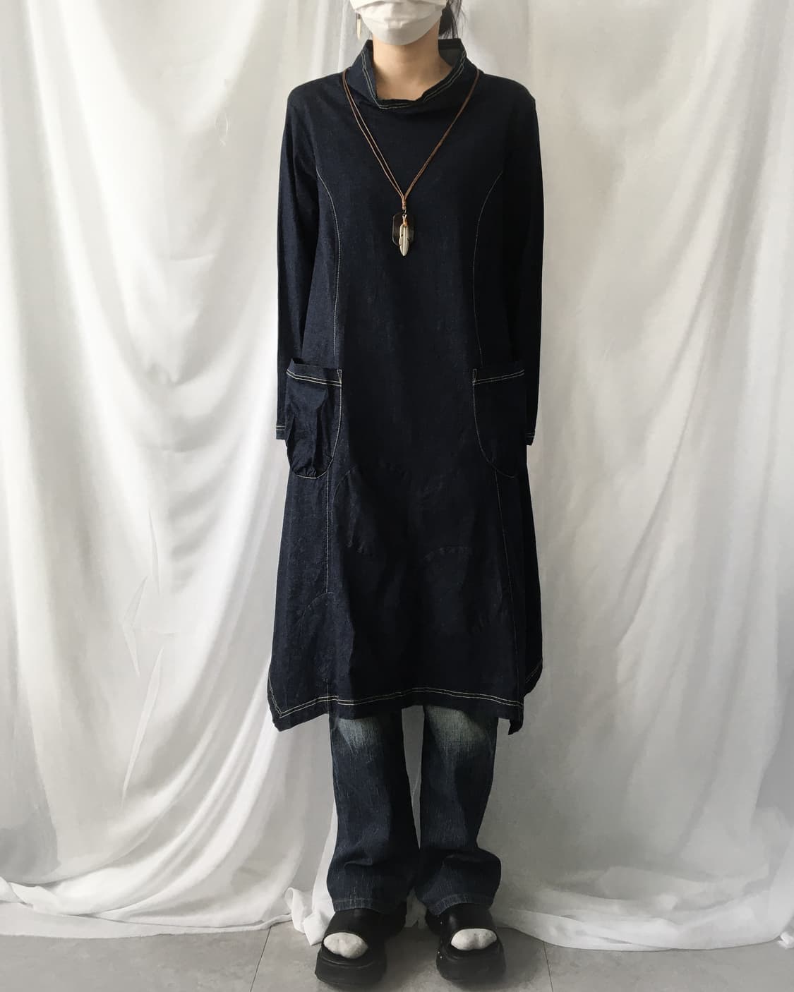 High neck dot point denim onepiece 상품이미지5