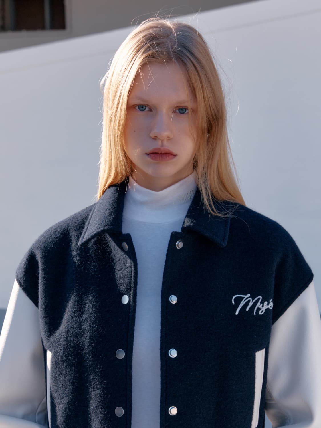 MUSEE 뮤제 로고 패치 울 바시티 패딩 봄버 재킷 상품이미지1