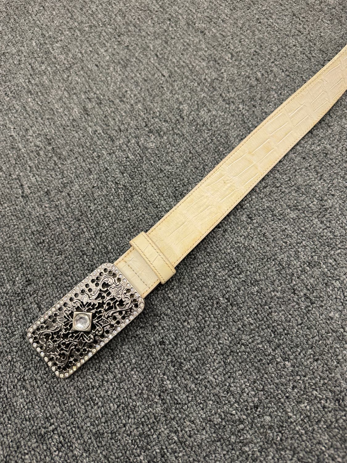 Vintage 버클 악어가죽 패턴 화이트 가죽 벨트 상품이미지3