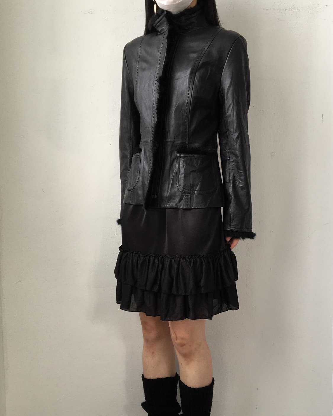 Fake fur trimming lamb leather jacket 상품이미지1