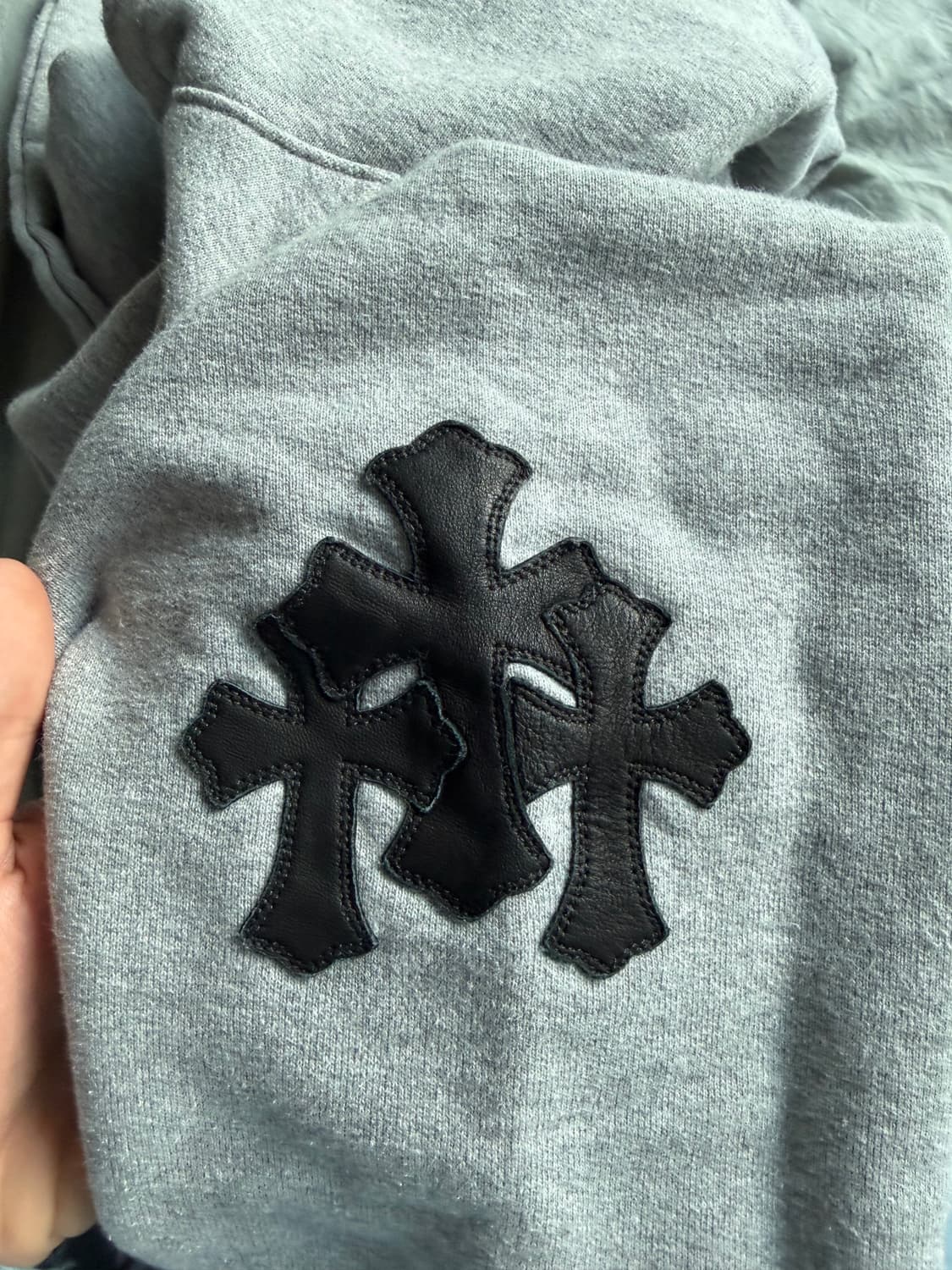 [S] 크롬하츠 크로스 레더 패치 후드 페이퍼잼 후드 그레이 상품이미지5