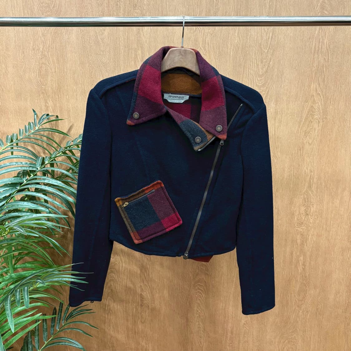 막스마라 스포트막스 라이더 자켓 체크 배색 카라 포켓 디테일 블랙 상품이미지1