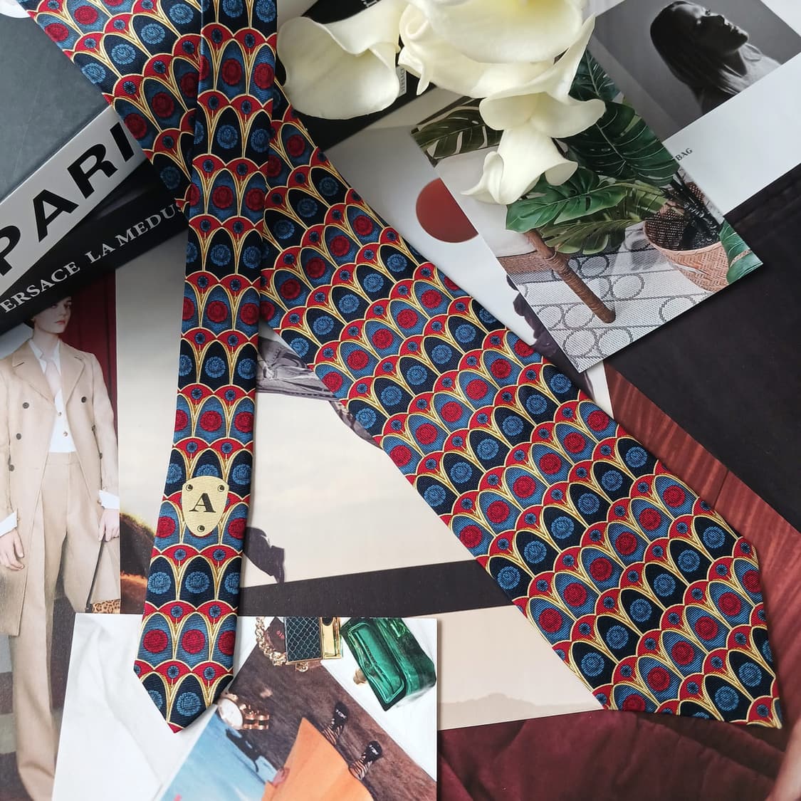 아쿠아스큐텀 실크 네이비 멀티 패턴 넥타이 9.7cm A+등급 G27 상품이미지4