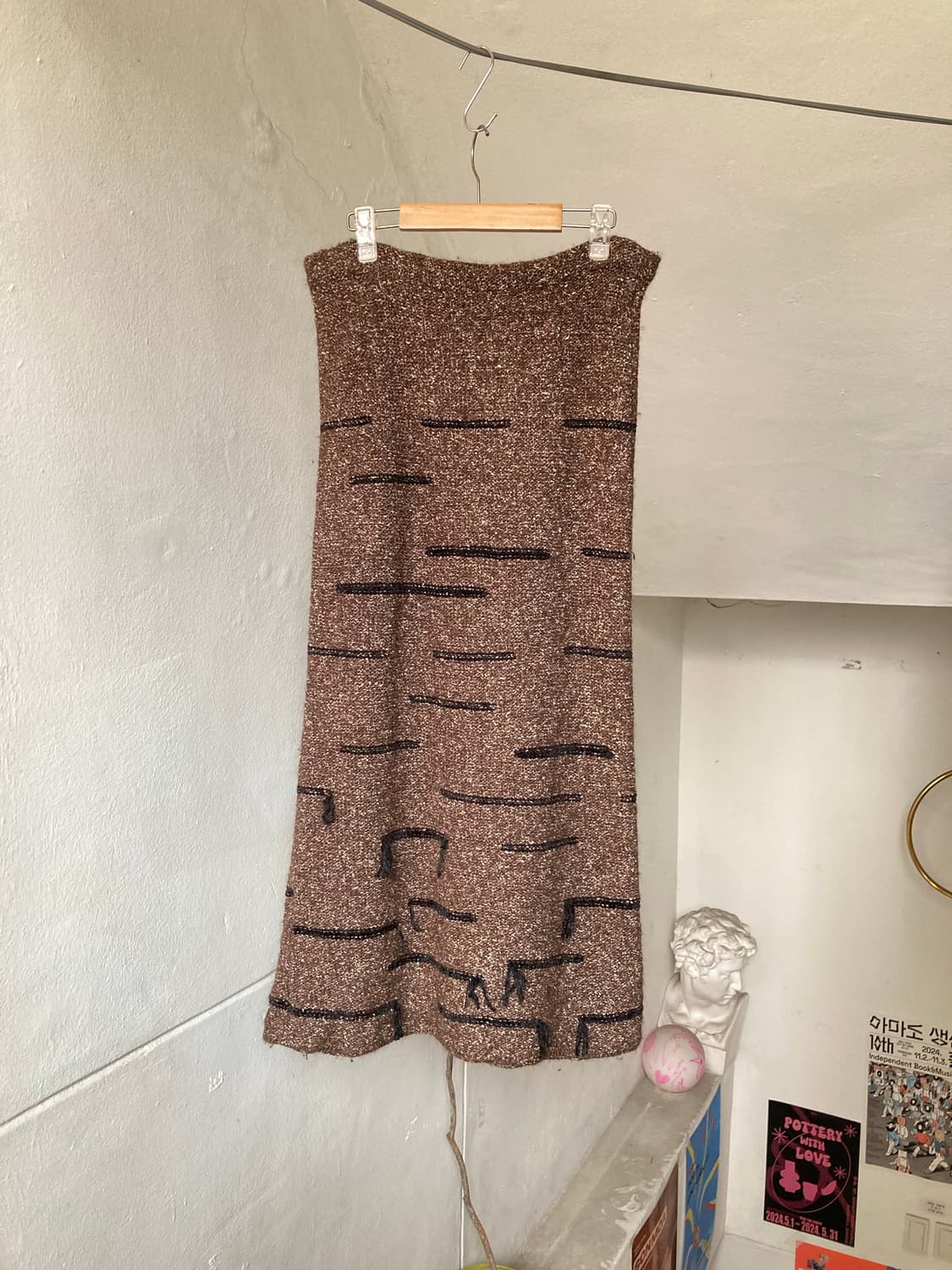 울 100 그런지 밴딩 롱 스커트 상품이미지5