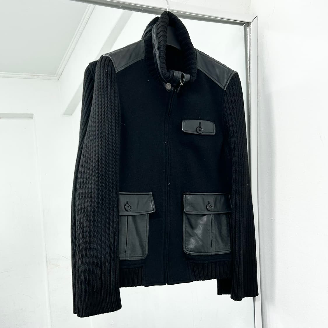 Hombruno 옴브루노 레더 패널 니트 집업 자켓 상품이미지5
