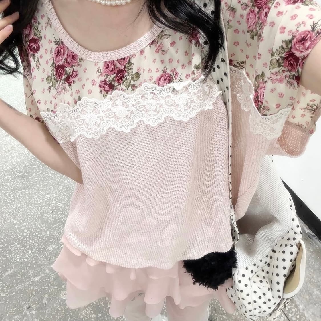 로걀 히메카지 플라워 핑크 레이스 반팔 모리 갸루 일본 빈티지 상품이미지4