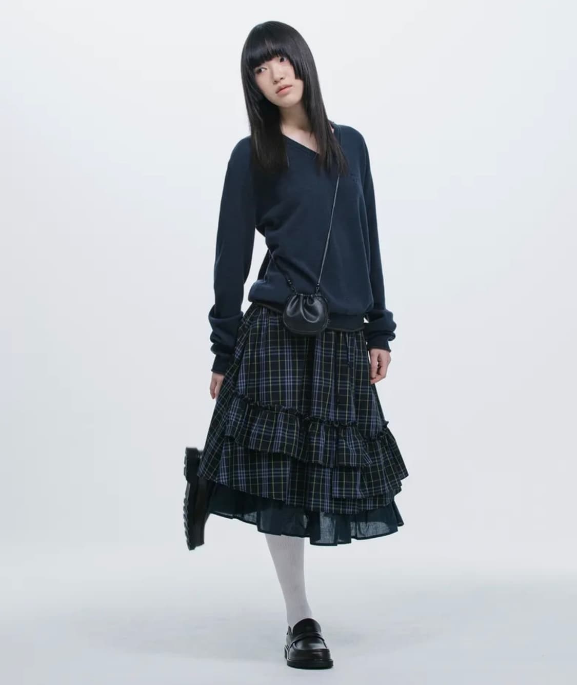 오헤시오 CHECK FRILL MIDI SKIRT, NAVY 상품이미지2