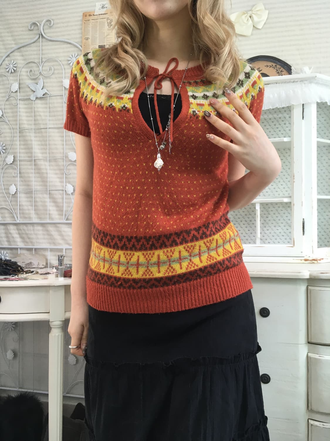 일본빈티지 오렌지 노르딕 하프 컷아웃 니트 상품이미지1