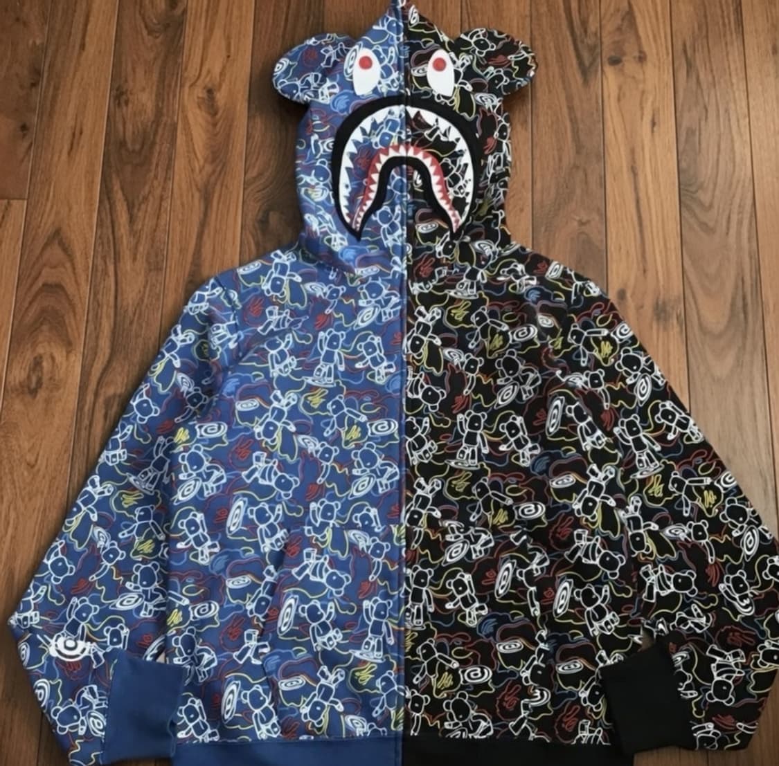 베이프 x 메디콤 토이 카모 베어 샤크 하프 풀 집 후드 카이스 상품이미지2