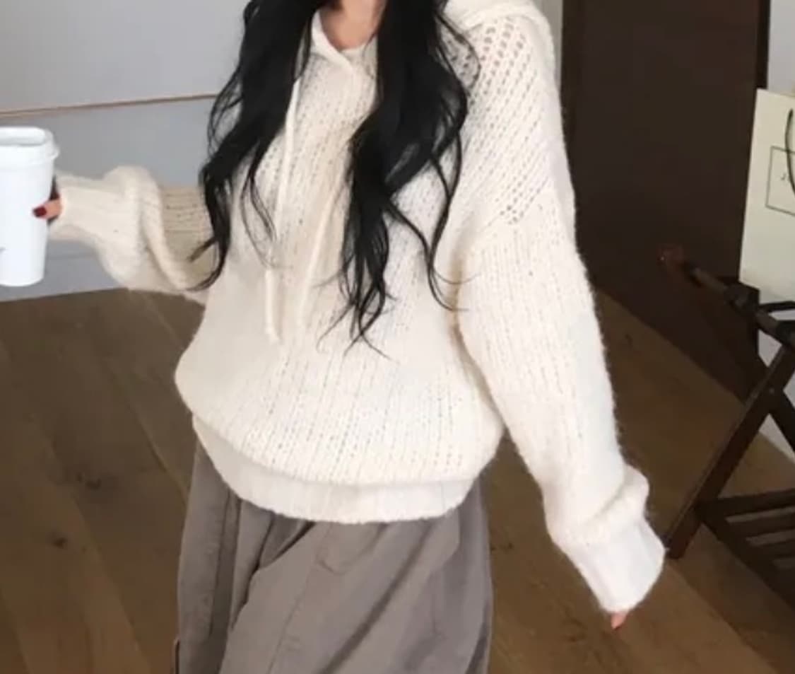 오트밀 알파카 울 후드 니트 상품이미지3