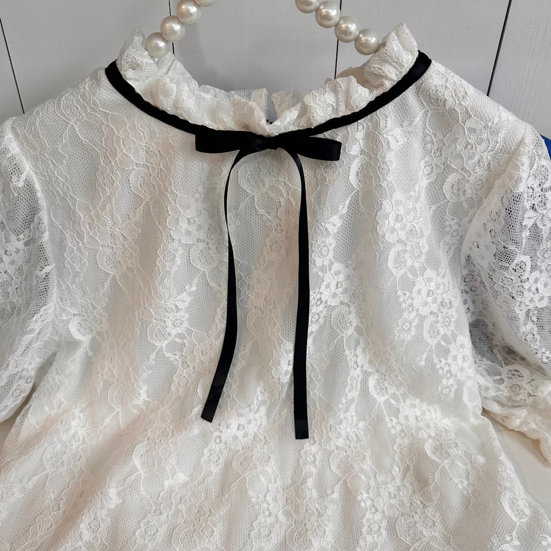 레이스 블라우스 화이트 리본 포인트 상품이미지3