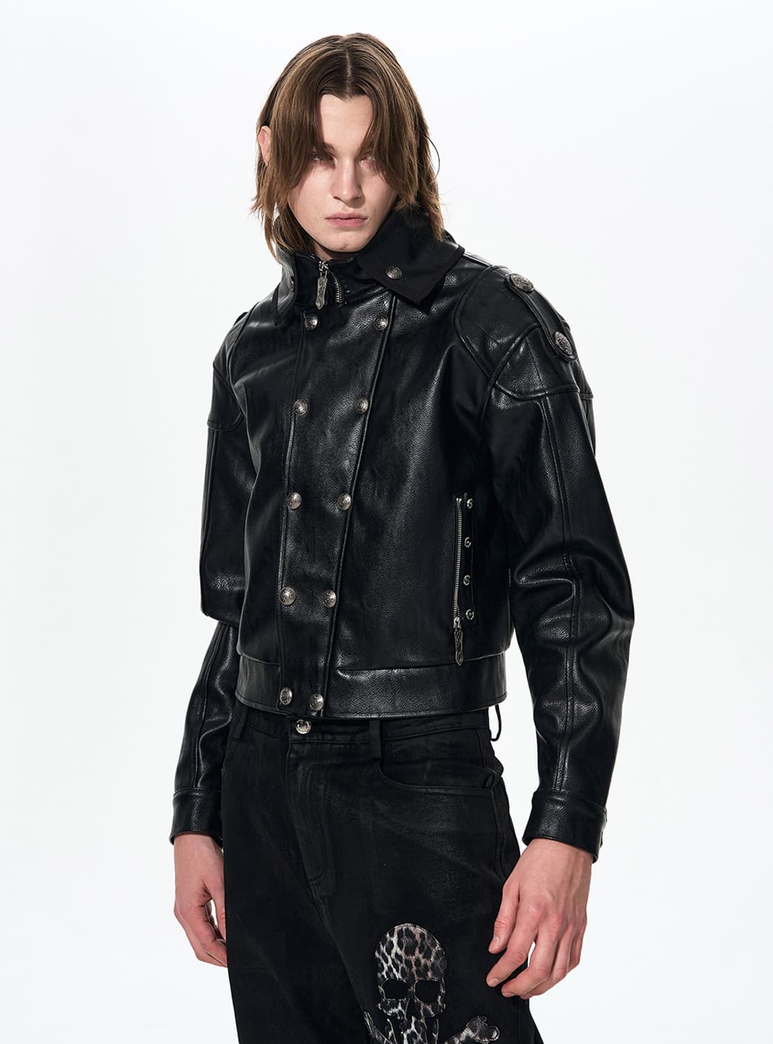Skull Appliqué Leather Jacket 상품이미지3