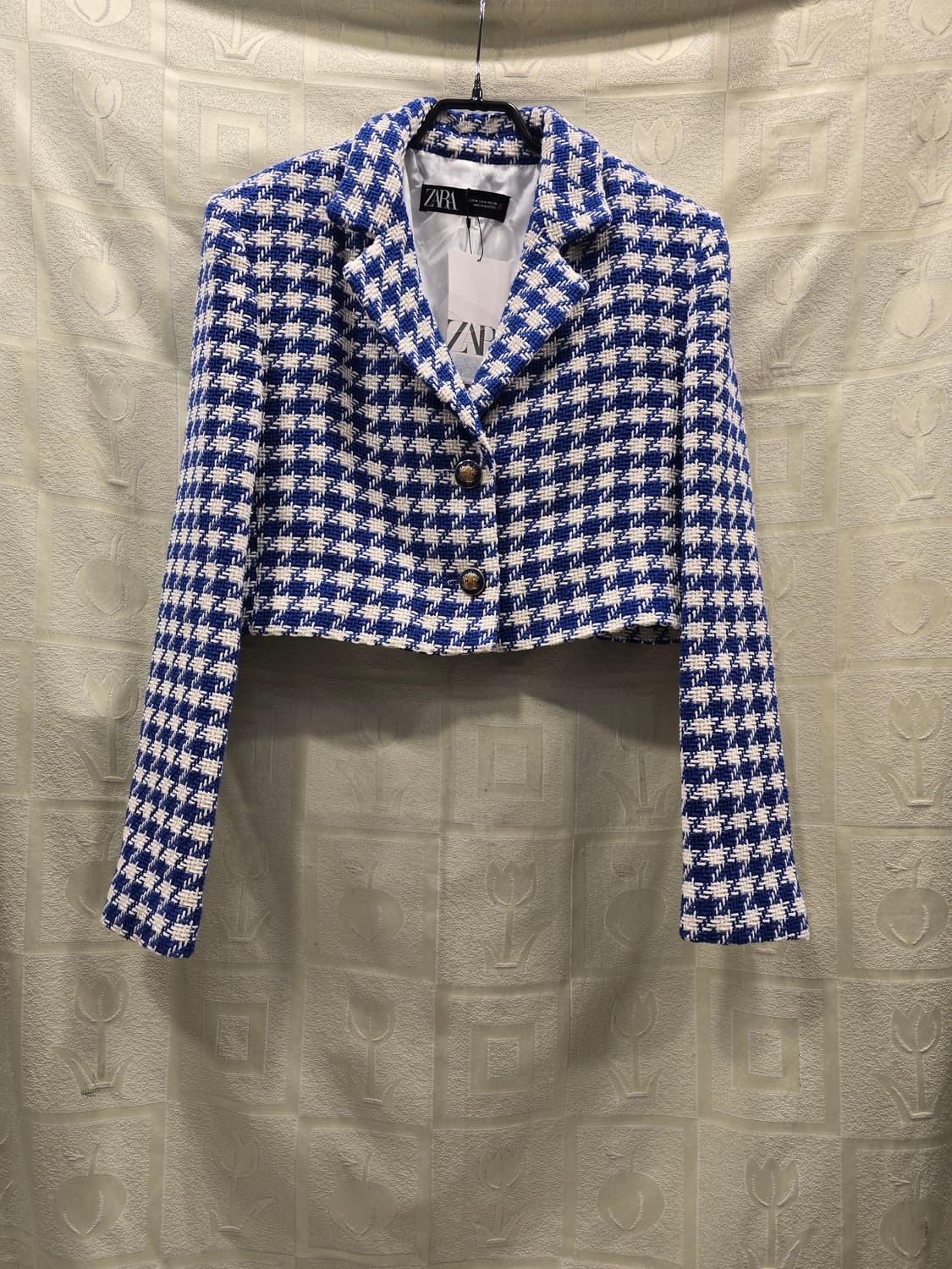 새상품) 자라 블루 체크 트위드 크롭 자켓 M(66) 상품이미지3