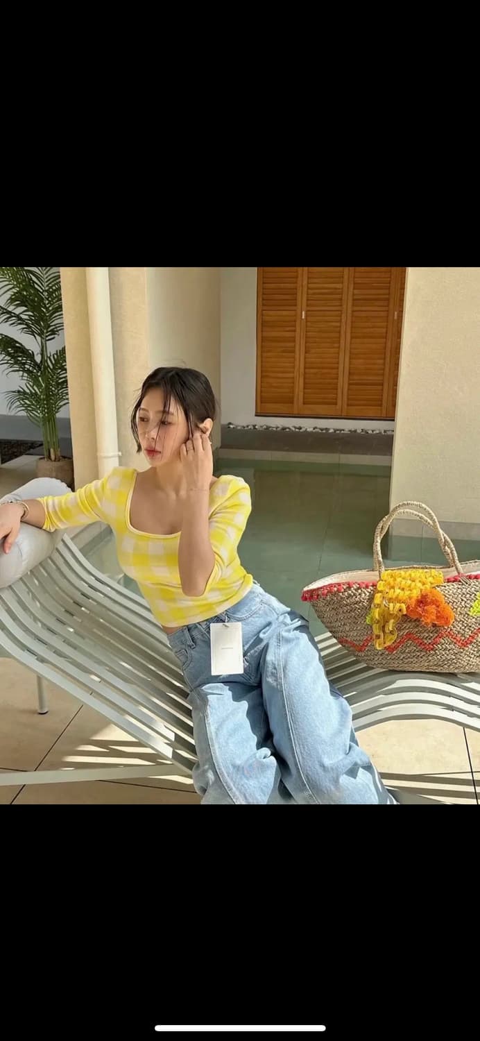 살롱드매그 체크 스퀘어 니트 티 노랑, 분홍 상품이미지6