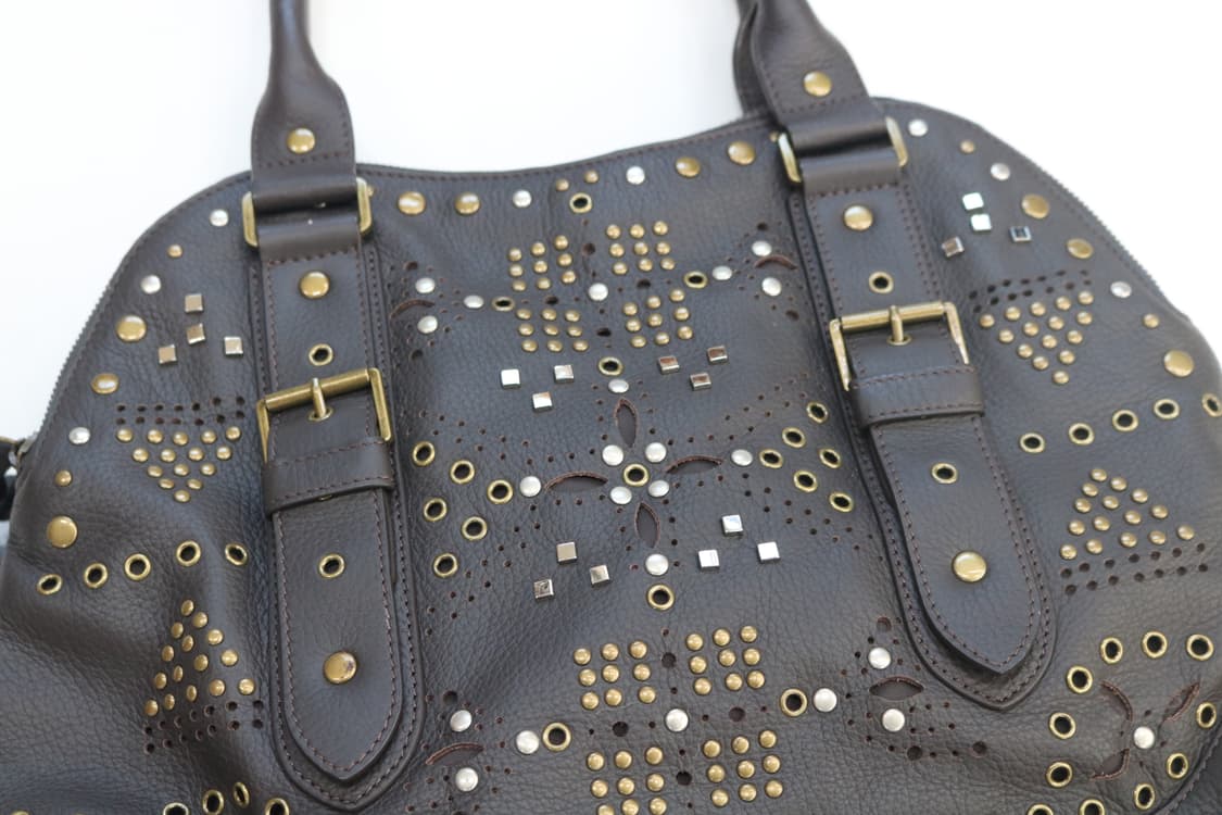 히로코코시노 펀칭 스터드 태슬 브라운 레더 토트백 상품이미지3
