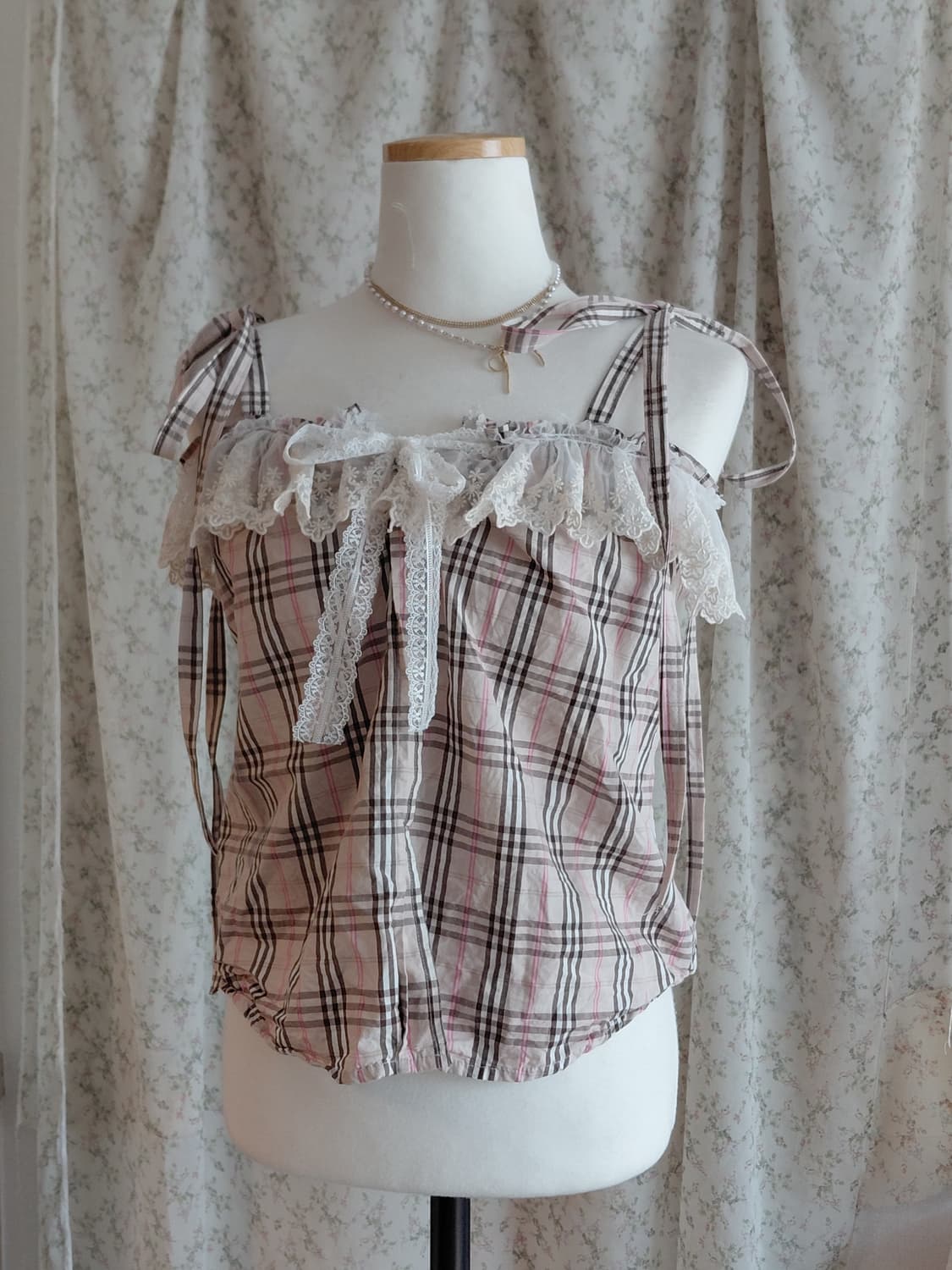 [리폼] 핑크 체크 레이스 블라우스 탑 상품이미지2