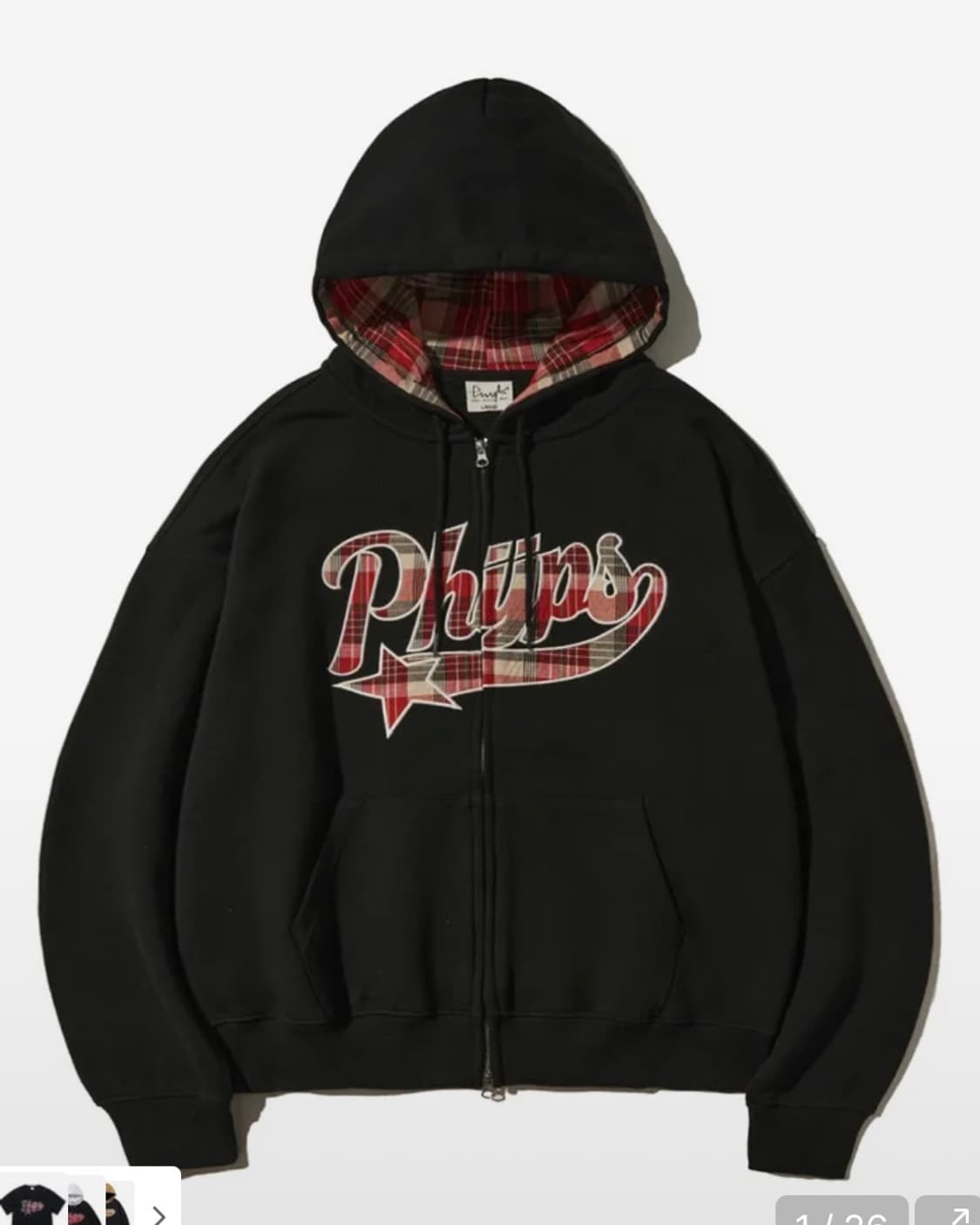 피지컬 에듀케이션 디파트먼트 체크 스타테일 엘보우 패치 후드집업 블랙  상품이미지1