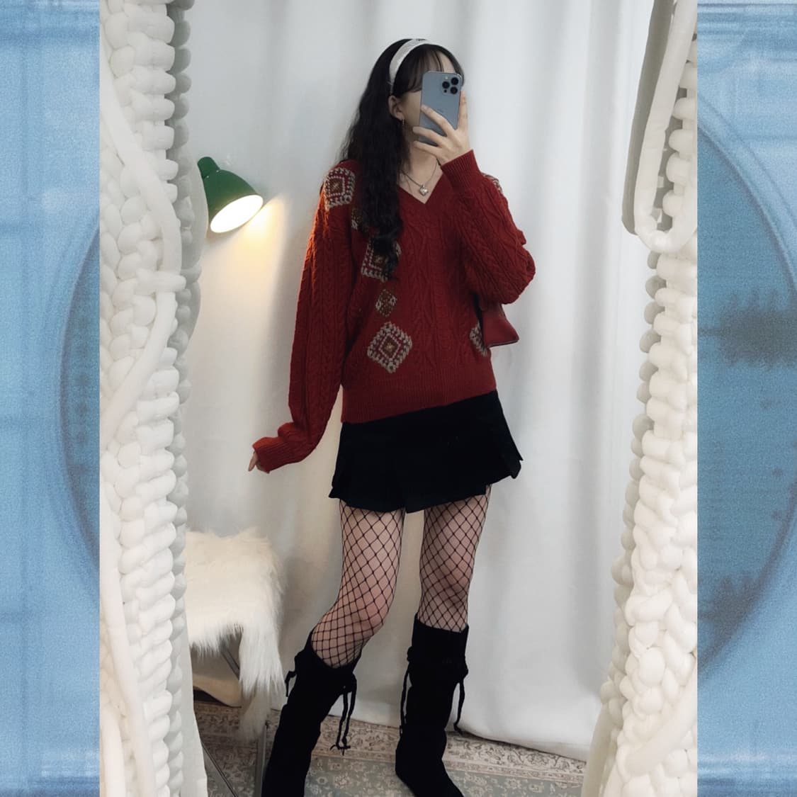 레드 꽈배기 브이넥 오버핏 니트 상품이미지7