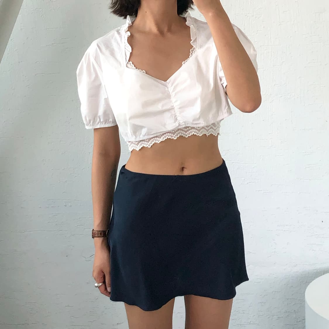 유럽 빈티지 프릴 벌룬 퍼프 크롭 숏 블라우스 상품이미지6