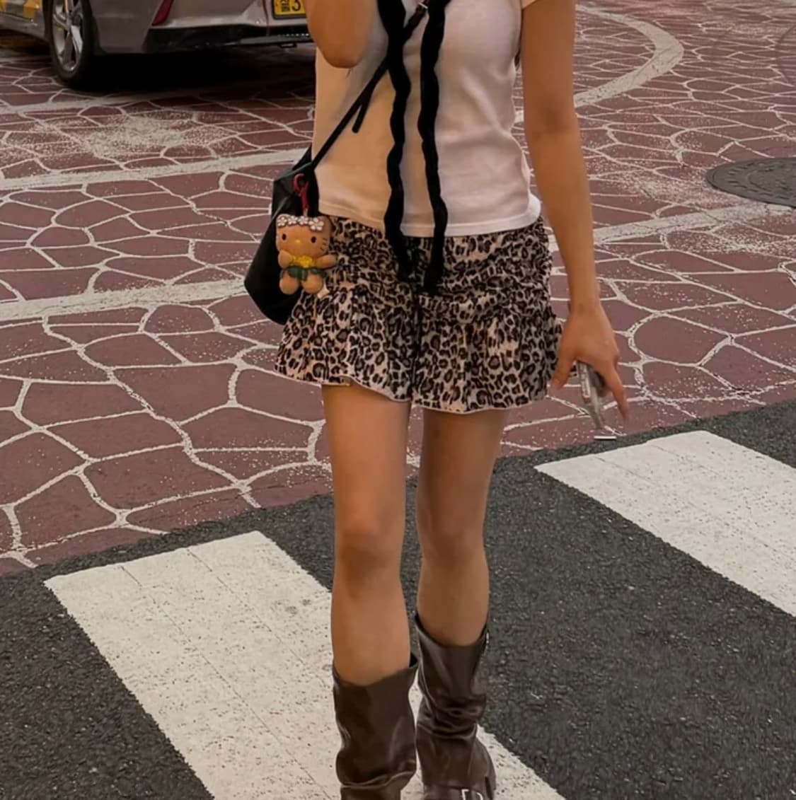 레오파드 셔링 스커트+ 큐빅 블랙 반팔 세트🖤 상품이미지4