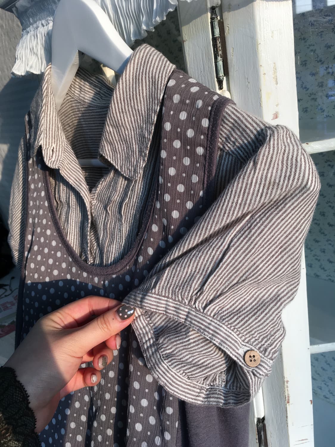 Set) 도트 셔링 레이어드 원피스 + 모리 스트라이프 셔츠 상품이미지8