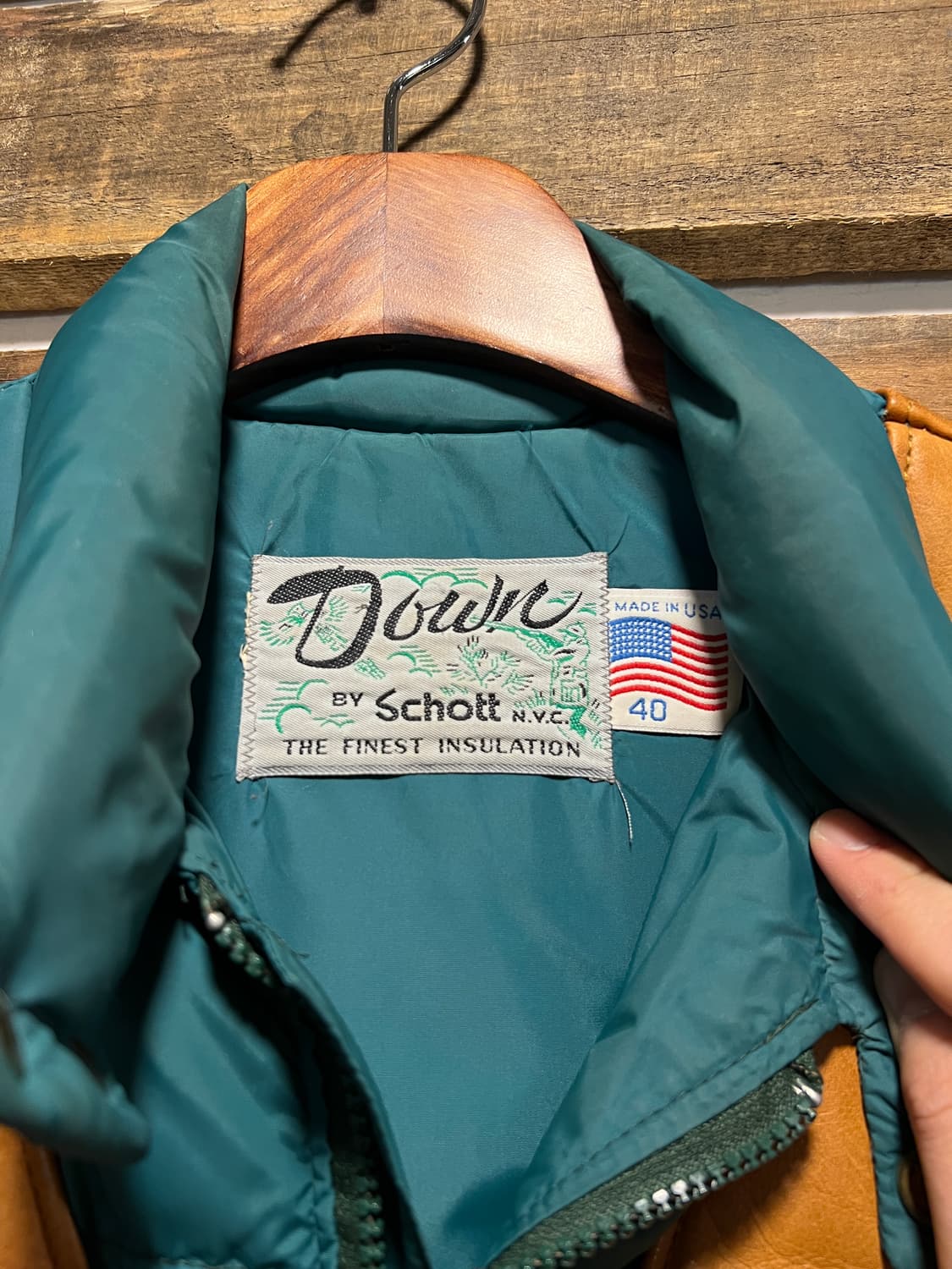 [M]90's 쇼트 USA Made 레더 베스트 분리형 그린 다운 패딩 상품이미지3