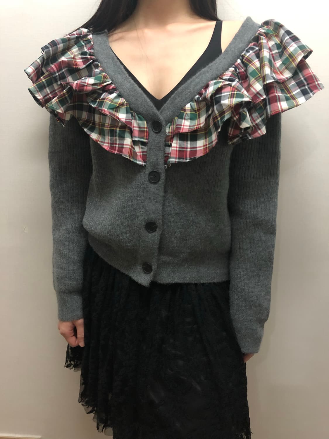 빈티지 그레이 체크 프릴 레이어드 가디건 상품이미지5