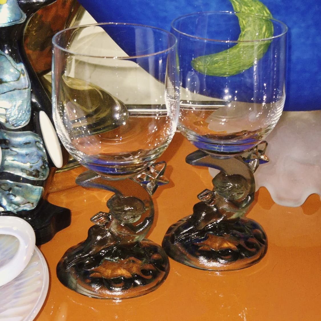 80s 이시즈카 유리 공예 엔틱 천사&달 와인잔 1p 상품이미지5
