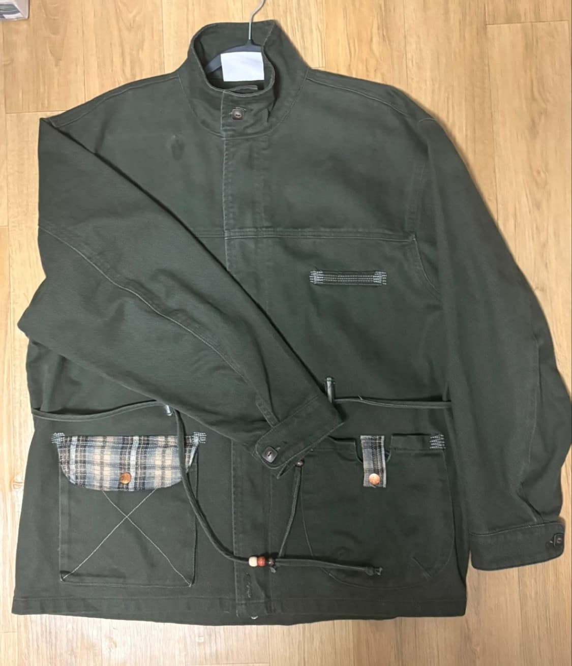 루나키후 하늘 체크 배색 워싱 코튼 자켓 (KHAKI) 상품이미지1