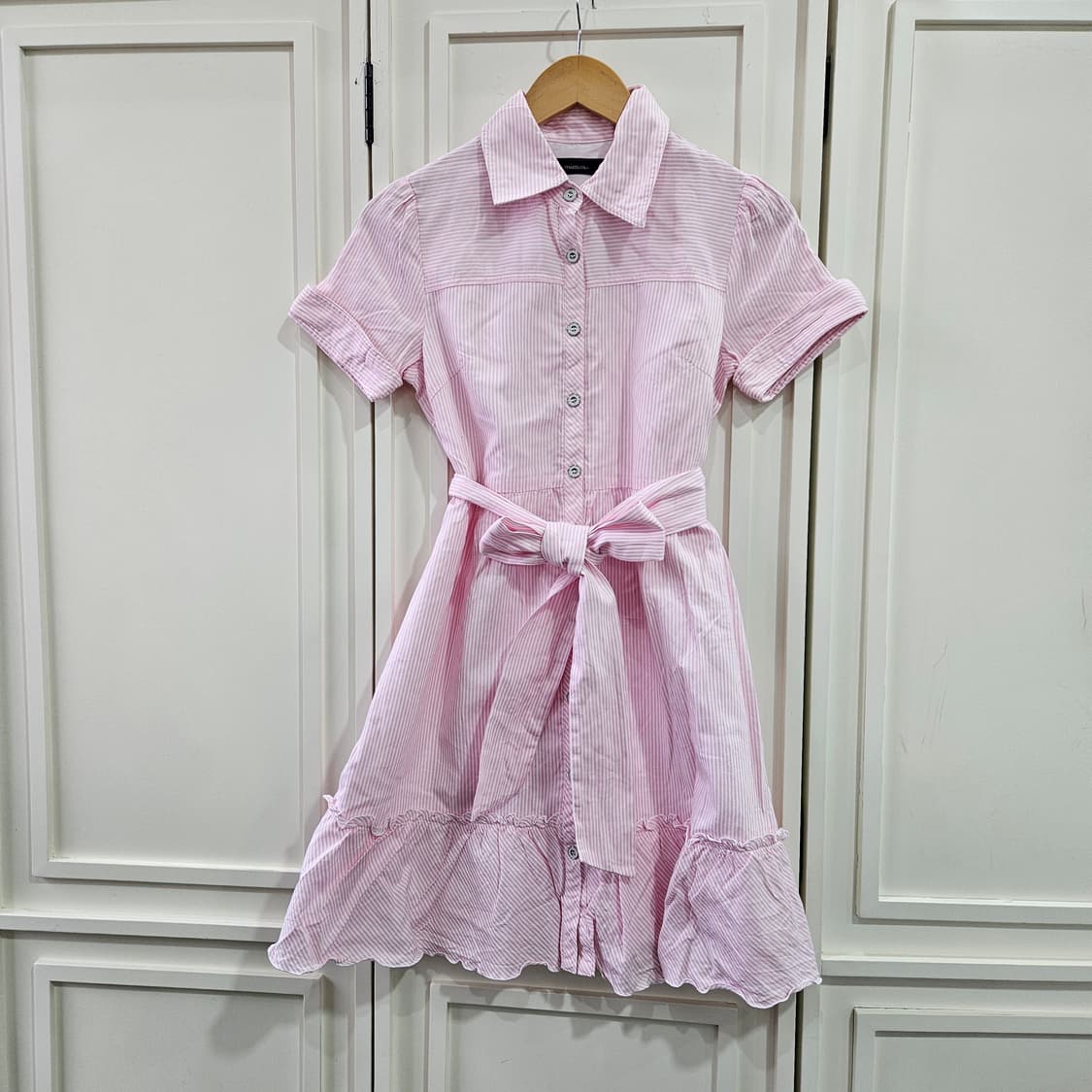 핑크 스트라이프 반팔 셔츠 원피스 상품이미지1