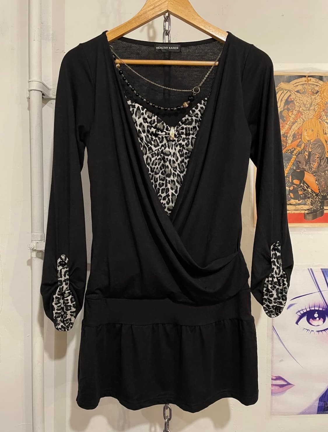 레오파드 패턴 체인 레이어드 블랙 원피스 갸루 상품이미지4