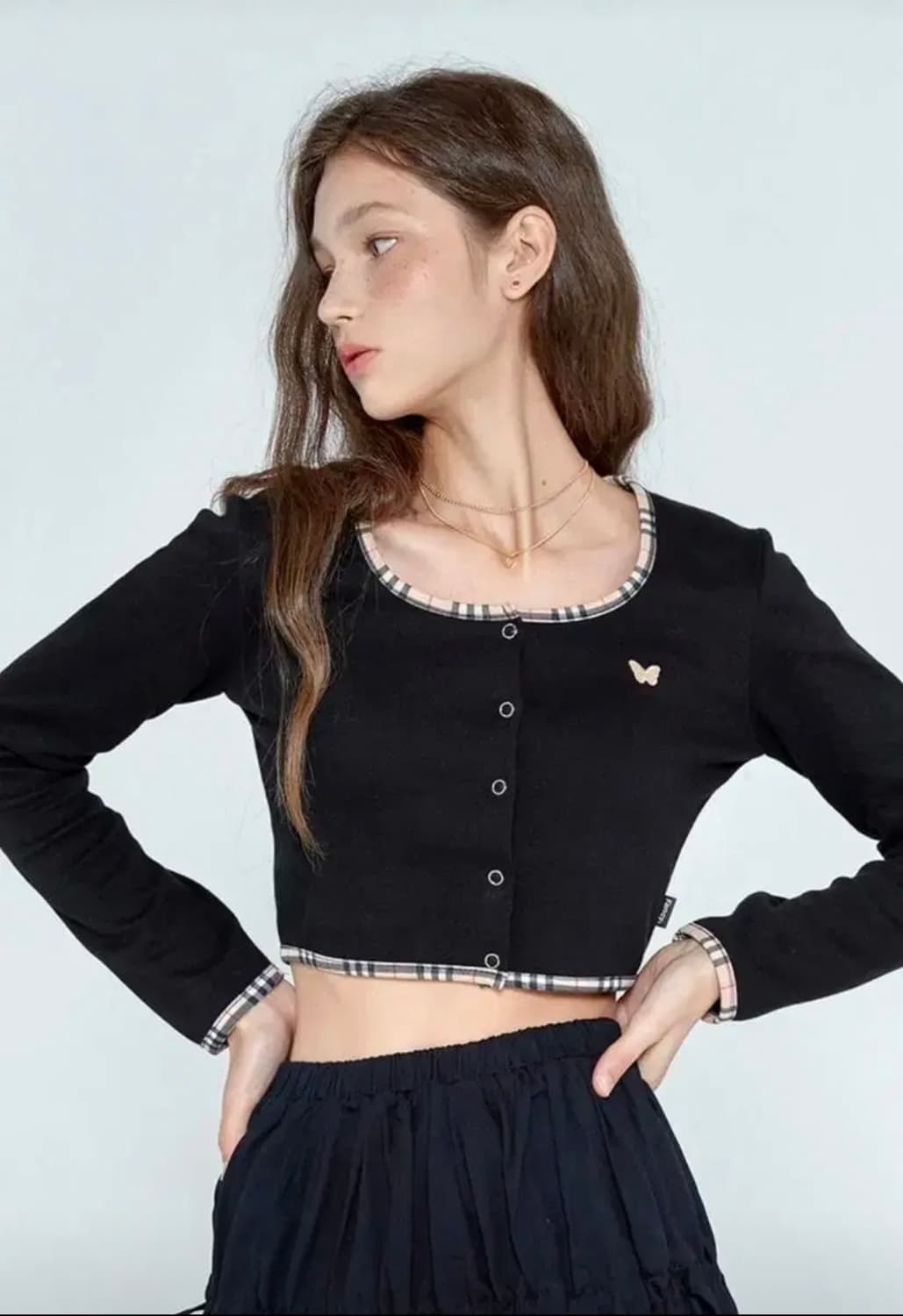 네스티팬시클럽 체크 라인 크롭 가디건 상품이미지1
