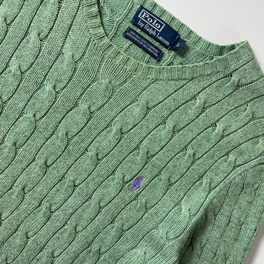 Polo  폴로 랄프로렌 자수 실크캐시미어 라이트그린 꽈배기 니트 상품이미지3