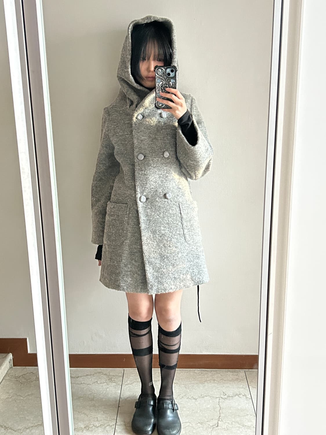 Grey Button Hooded Coat / 그레이 버튼 후드 코트 상품이미지1