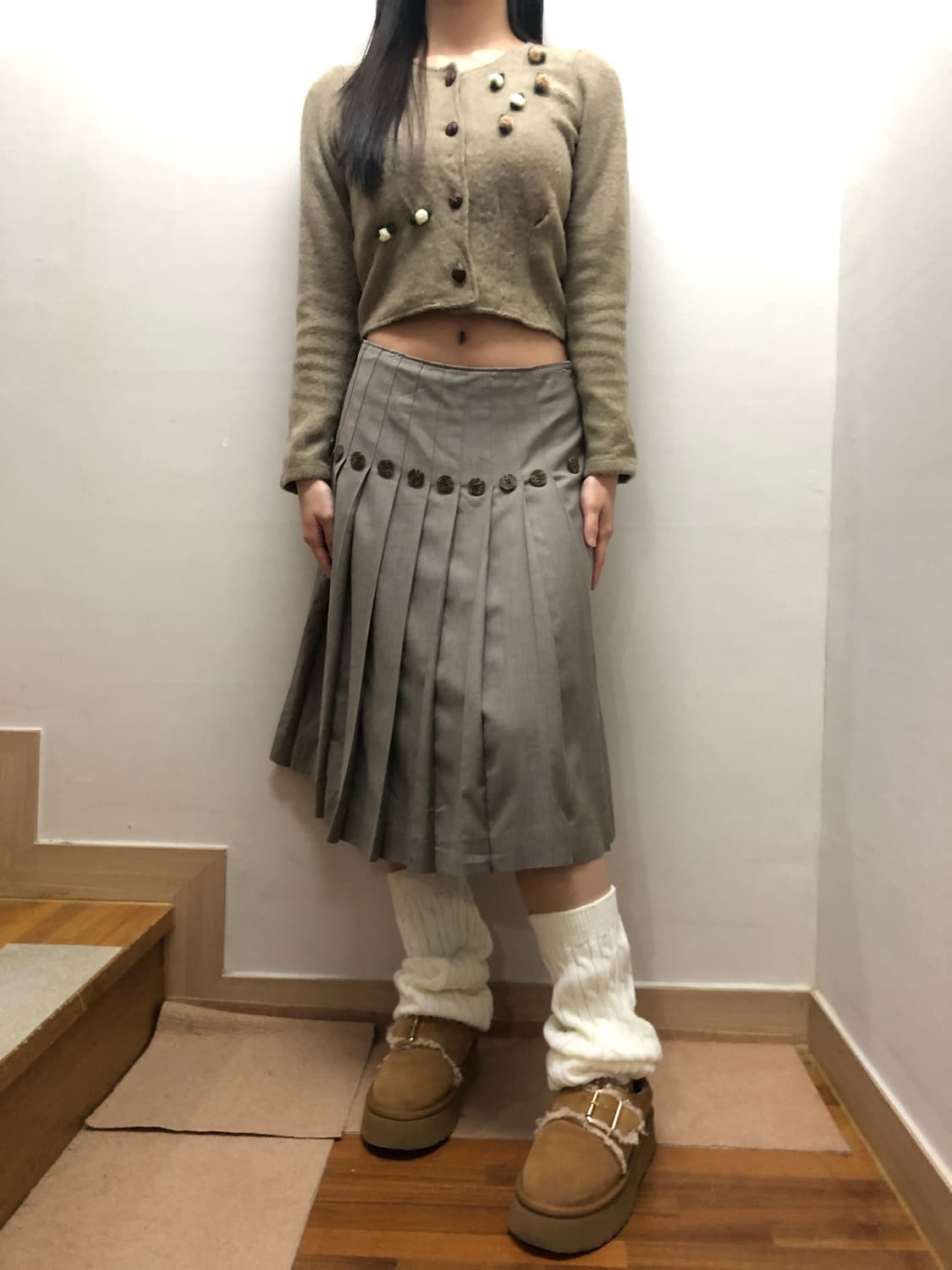 빈티지 그레이 버튼 플리츠 미디 스커트 상품이미지3